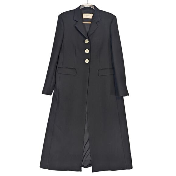 Tory Burch Black Longline Twill Coat White Tortoise Buttons Classic Maxi Size 12 - Picture 1 of 11